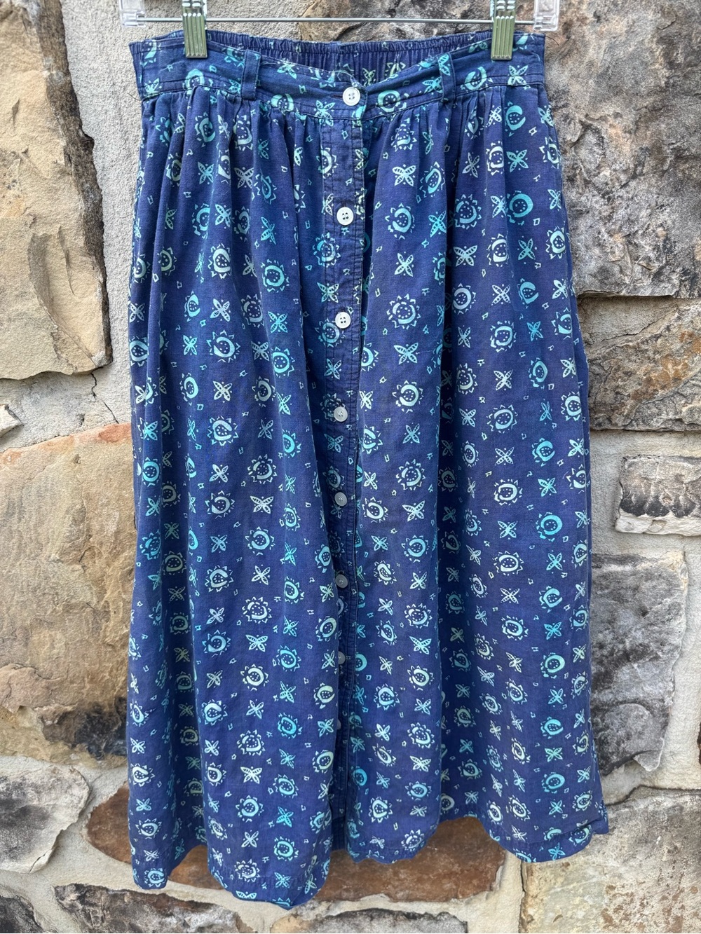 Vintage Matti Sport Blue Printed Button-Front Midi Skirt 100% Cotton 80s 90s